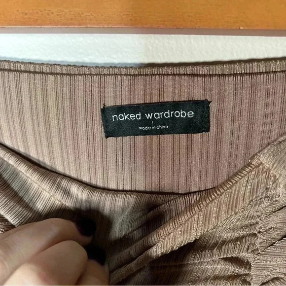 NWOT Naked Wardrobe ruched detail mini  skirt in tan L - Picture 5 of 6